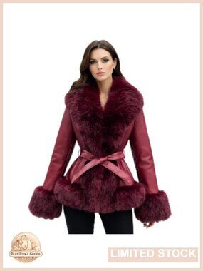 Vegan Leather Waist Length Jacket Faux Fur Trim Fleece Lined Belted Winter Coat